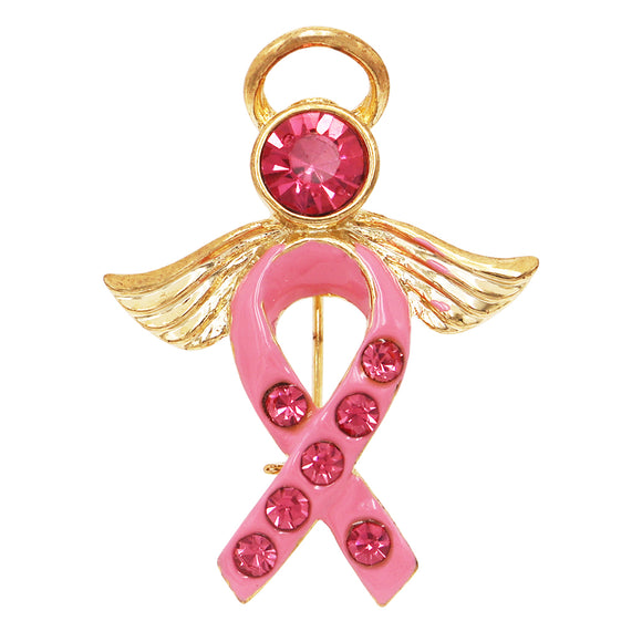 Gold Tone Breast Cancer Awareness Pink Ribbon Enamel And Crystal Inspritional Angel Brooch Pin, 1.75