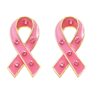 Breast Cancer Awareness Pink Ribbon Enamel Stud Earrings, 1.25"