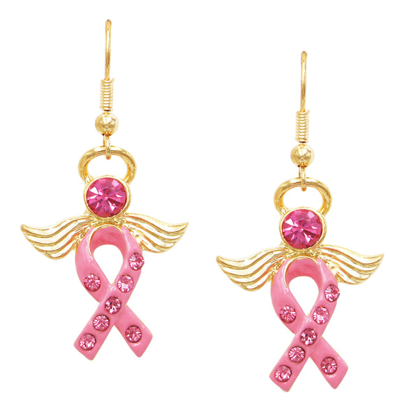Gold Tone Breast Cancer Awareness Pink Ribbon Enamel And Crystal Angel Dangle Earrings, 1.75