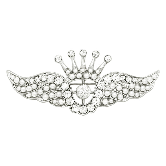Stunning Silver Tone Angel Wings with Crown Top Crystal And Simulated Pearl Brooch Lapel Pin, 1.25