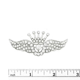 Stunning Silver Tone Angel Wings with Crown Top Crystal And Simulated Pearl Brooch Lapel Pin, 1.25"