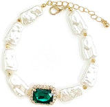 Stunning Green Emerald Cut Crystal Charm On Statement Faux Pearl Strand Holiday Jewelry (Bracelet, 8"+1.5" Extender)