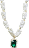 Stunning Green Emerald Cut Crystal Charm On Statement Faux Pearl Strand Holiday Jewelry (Pendant Necklace, 16"+3" Extender)