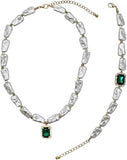 Stunning Green Emerald Cut Crystal Charm On Statement Faux Pearl Strand Holiday Jewelry (Bracelet, 8"+1.5" Extender)