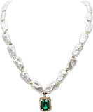 Stunning Green Emerald Cut Crystal Charm On Statement Faux Pearl Strand Holiday Jewelry (Pendant Necklace, 16"+3" Extender)