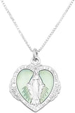 Sterling Silver Light Green Enameled Heart Shape Miraculous Medal of Mary Pendant Necklace, 20" MADE IN THE USA