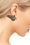 Stunning Gold Tone Butterflies With Glittering Crystal Rhinestone Wings Post Back Earrings, 1.5" (Fuchsia Light Pink And Green)