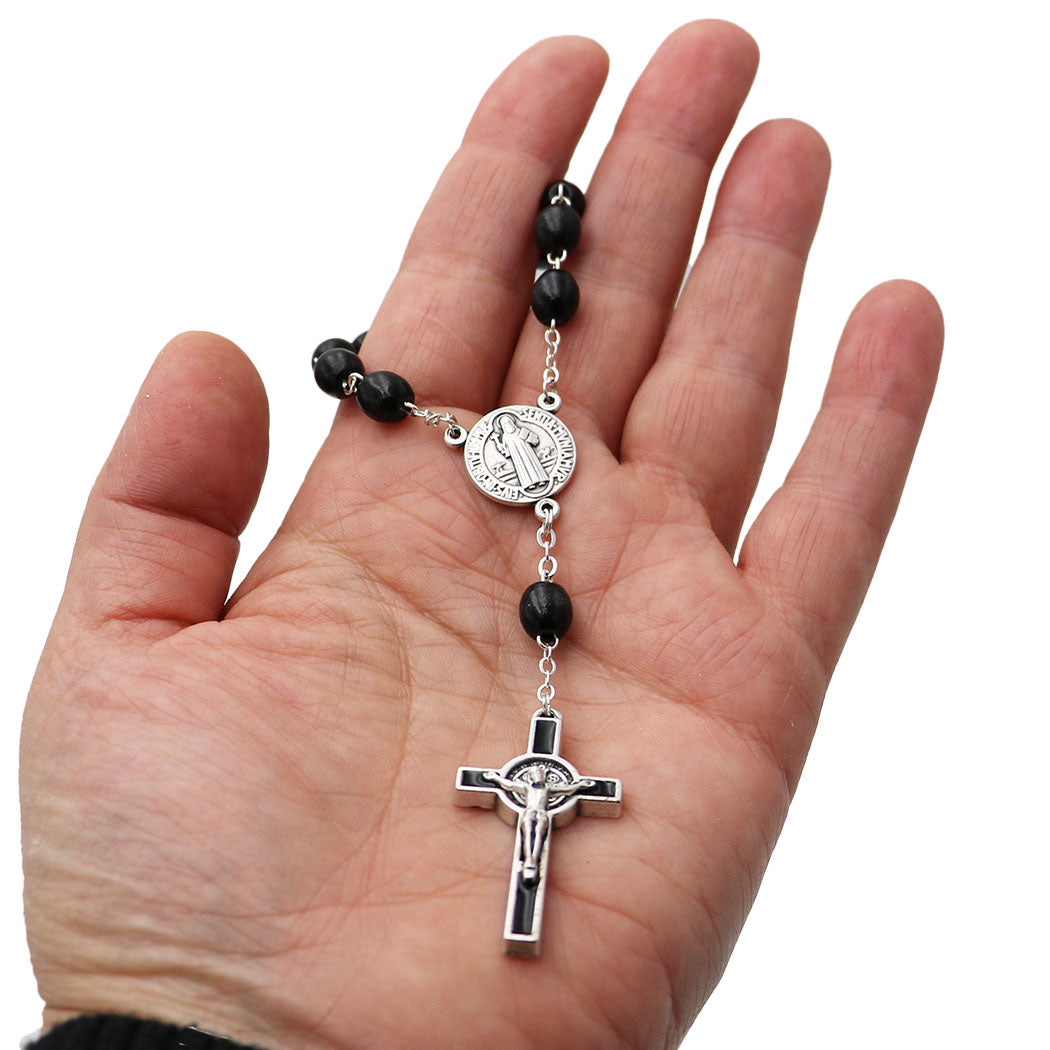 One Decade Black Oval Wood Bead Saint Benedict Rosary, Patron