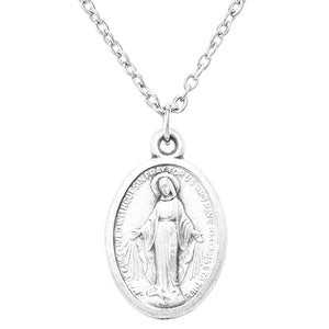 Religious Antique Silver Tone Miraculous Medal Pendant Necklace, 18"+2" Extender
