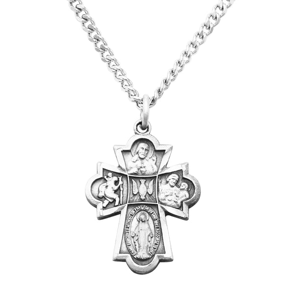 Pewter Small Religious Four Way Cross Pendant Necklace 18