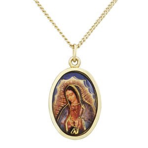 Religious Medal Oval Cabochon Pendant Necklace "Our Lady of Guadalupe"
