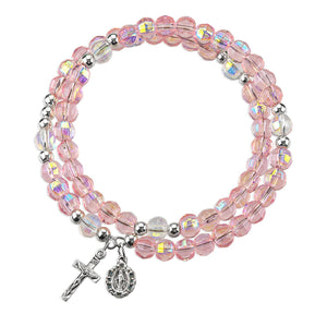 Women's 5-Decade Spiral Wrap Rosary Bracelet, Pink Aurora Borealis Bead