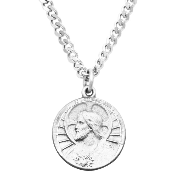 Petite Scapular Medal Sacred Heart of Jesus Pewter Pendant Necklace, 24