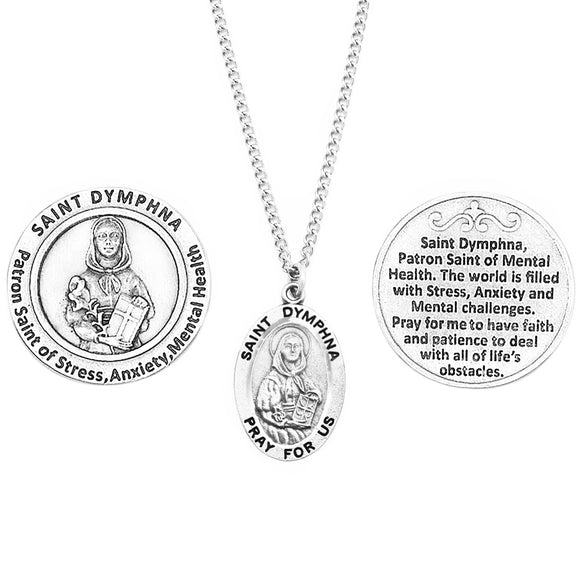 Pewter Saint Medal Pendant Necklace and 2 Religious Pocket Tokens (St Dymphna)