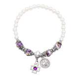 Women's Faux Pearl and Decorative Glass Accent Beads Stretch Bracelet with Saint Anne and Cross Charms