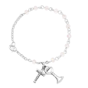 Women's Iridescent Bead Rosary Bracelet with Holy Communion Chalice and Cross Charms, 6.25"