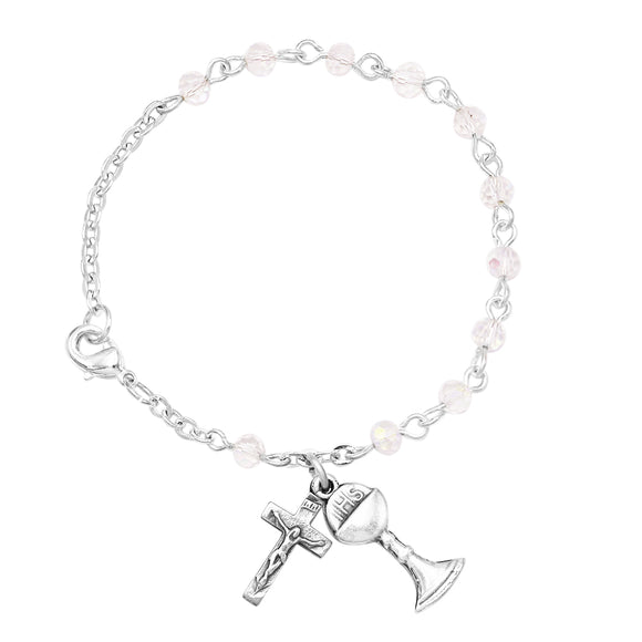 Women's Iridescent Bead Rosary Bracelet with Holy Communion Chalice and Cross Charms, 6.25