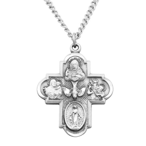 Traditional Catholic Four Way Cross Pewter Medal Pendant Necklace 24