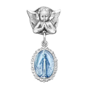 Petite Angel Pin with Sterling Silver Enameled Oval Miraculous Medal of Mary (Blue)