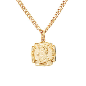 16K Yellow Gold Layered Firefighter Patron St Florian Medal Pendant Necklace, 18"