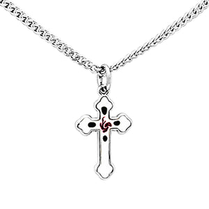 Dainty Sterling Silver Small White Enameled Budded Cross With Flower Detail Pendant Necklace, 18"