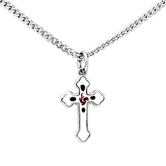 Dainty Sterling Silver Small White Enameled Budded Cross With Flower Detail Pendant Necklace, 18