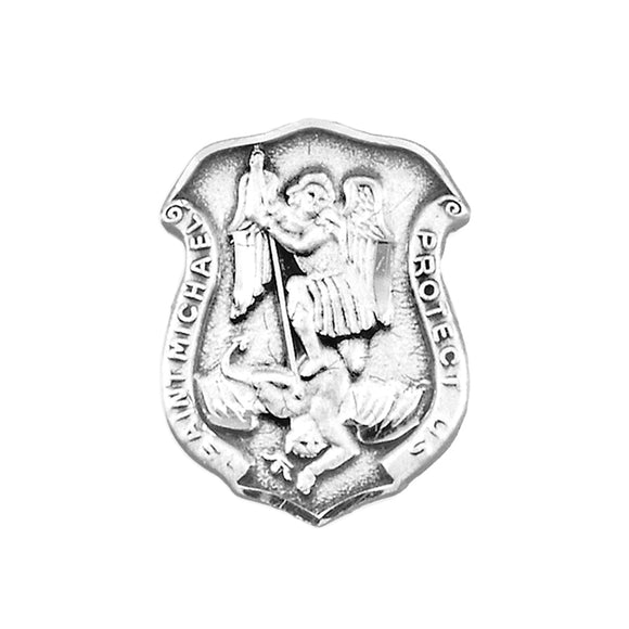 Petite Sterling Silver Saint Michael Protect Us Police Badge Lapel Pin Tie Tack, 0.5