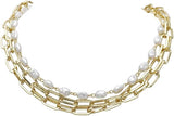 Triple Strand Gold Tone Necklace with Paperclip Chain and Faux Freshwater Pearls, Toggle Clasp, 16-18 Inch
