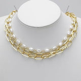 Triple Strand Gold Tone Necklace with Paperclip Chain and Faux Freshwater Pearls, Toggle Clasp, 16-18 Inch