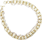 Triple Strand Gold Tone Necklace with Paperclip Chain and Faux Freshwater Pearls, Toggle Clasp, 16-18 Inch