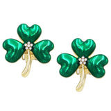 Lucky Shamrock 3 Leaf Clover St Patrick's Day Enamel With Crystal Rhinestone Center Clip On Earrings, 1"