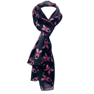 Satin Stripe Lightweight Pink Ribbon Breast Cancer Awareness Fashion Scarf, 60" (Black Background)