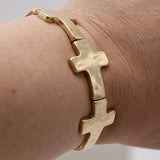 Statement Matte Gold And Silver Tones Hammered Cross Charms Stretch Bangle Bracelet, 6.5" (Hammered Cross Gold Tone 20mm)