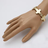Statement Matte Gold And Silver Tones Hammered Cross Charms Stretch Bangle Bracelet, 6.5" (Hammered Cross Gold Tone 20mm)