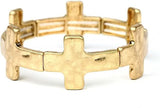 Statement Matte Gold And Silver Tones Hammered Cross Charms Stretch Bangle Bracelet, 6.5" (Hammered Cross Gold Tone 20mm)