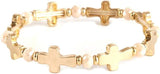Statement Matte Gold And Silver Tones Hammered Cross Charms Stretch Bangle Bracelet, 6.5" (Cross w Crystal 10mm)