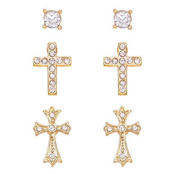 Set of 3 Faith and Fashion Decorative Religious Christian Cross Stud Earrings
