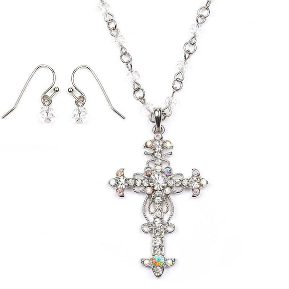 Stunning Vintage Vibes Crystal Rhinestone Christian Cross Pendant Necklace Earrings Set, 18