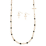 Crystal Link with Inspirational Religious Sideways Cross Necklace and Earrings Set, 36"-39" with 3" Extender (Black and White Crystal Gold Tone)