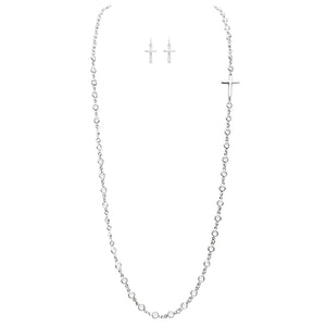 Crystal Link with Inspirational Religious Sideways Cross Necklace and Earrings Set, 36"+3" Extender (Clear Crystal Silver Tone)