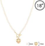 Stunning 18K Gold Dipped Puffy Heart Charm and Toggle Clasp With Faux Pearls Necklace, 18"
