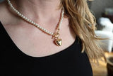 Stunning 18K Gold Dipped Puffy Heart Charm and Toggle Clasp With Faux Pearls Necklace, 18"