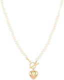 Stunning 18K Gold Dipped Puffy Heart Charm and Toggle Clasp With Faux Pearls Necklace, 18"