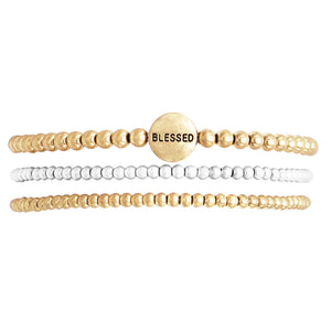 "Blessed" Inspirational Two Tone Stacking Stretch Bracelet Set of 3, 2.25"