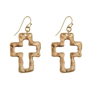 Outlined Gold Tone Western Style Matte Finish Hammered Metal Cross Religious Dangle Earrings, 1.75"