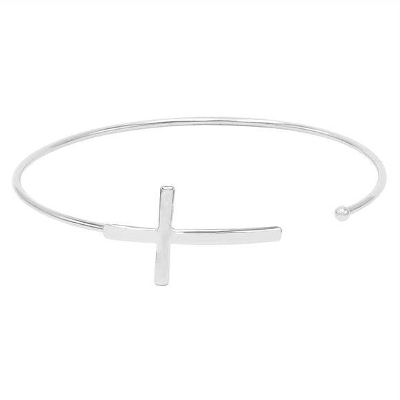 Dainty Polished Metal Wire Sideways Cross Open Cuff Bangle Bracelet, 2.75
