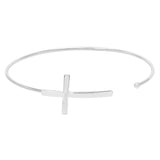 Dainty Polished Metal Wire Sideways Cross Open Cuff Bangle Bracelet, 2.75" (Silver Tone)