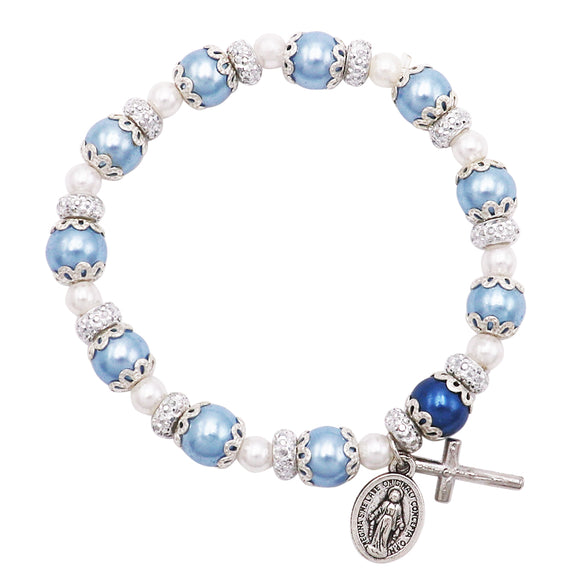 Simulated Pearl Beaded Stretch Rosary Bracelet with Crucifix and Miraculous Medal (See Available Colors)