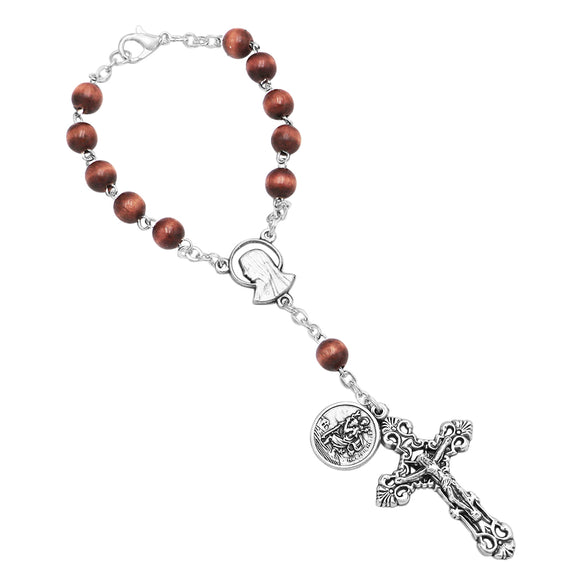 Brown Wood Bead One Decade Car Rosary with Saint Christopher Medal
