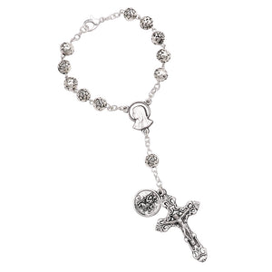 Silver Tone Rose Bead One Decade Car Rosary with Saint Christopher Medal